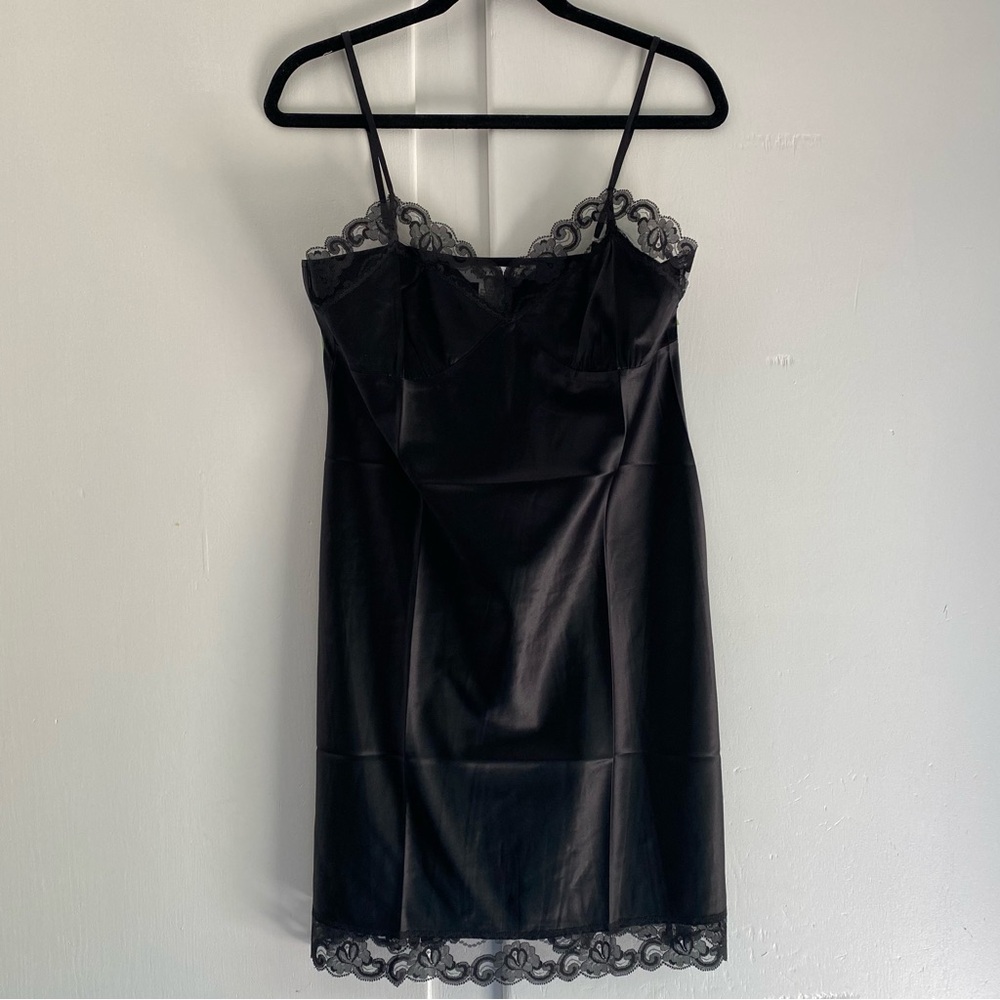 Trina Turk Black Silk Satin Slip Dress Lace NWOT M Festival Whimsygoth Romantic